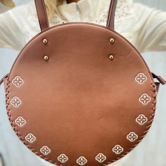 Francesca's || Women's Boho Style Circle Tote Brown Stand Up Large Travel Purse - Picture 8 of 12